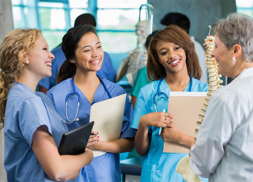 Female nursing or medical students studying spine model in class